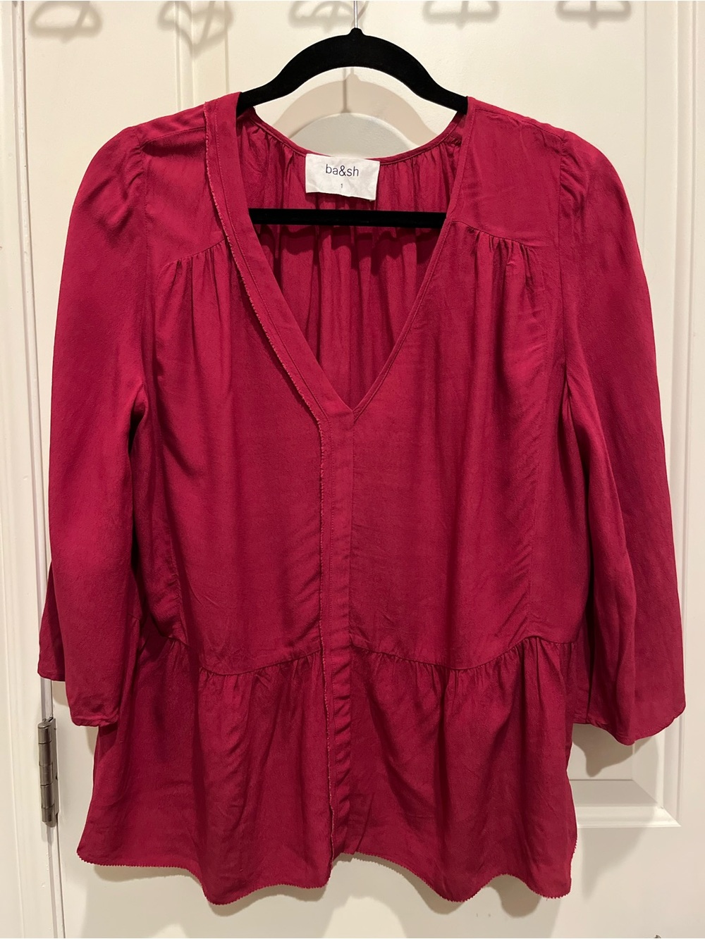 ba&sh Goris Boho Peasant Blouse Burgundy Size 1 Small V-Neck Bell Sleeve